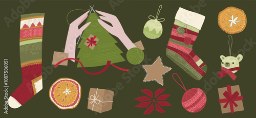 Knitted new year decorations set. Sustainable eco-friendly christmas collection.