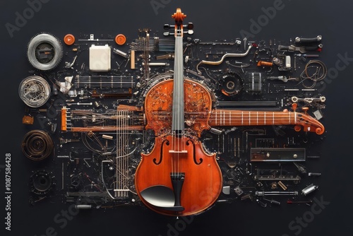 A deconstructed musical instrument, with strings, body, and internal components.