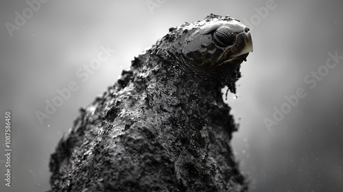 A shot of a dead sea turtle, its body covered in oil, washed ashore on a beach.  photo