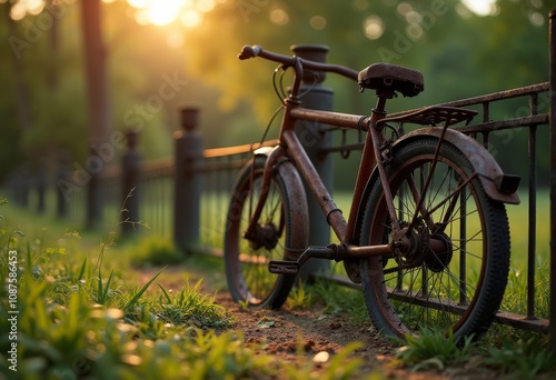 Old bicycle resting by a rustic fence in a serene park during sunset with golden light illuminating the scene photo