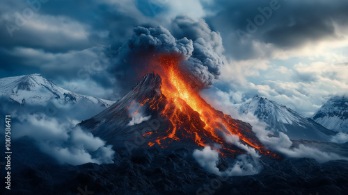 dramatic volcanic eruption with lava and smoke against mountainous backdrop photo