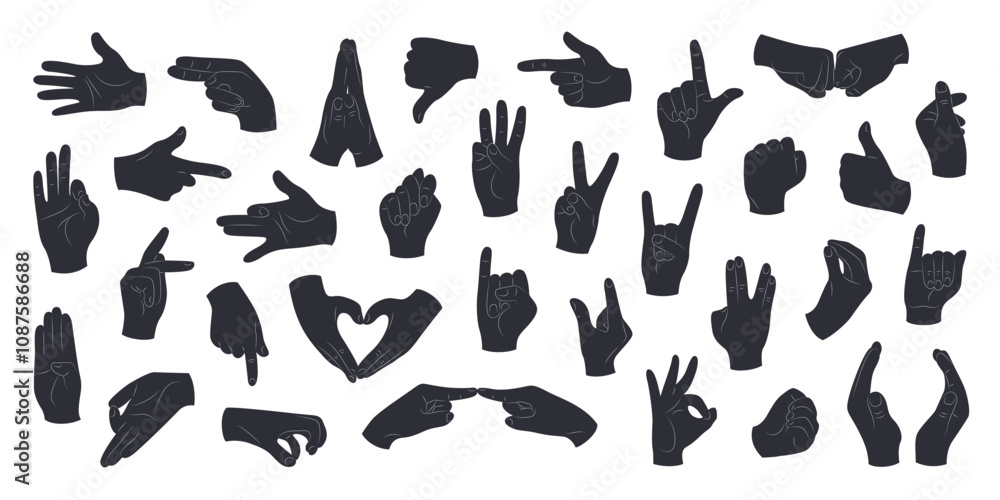 Silhouettes of human hands with different gestures and positions. Hands showing rock sign, OK, luck, greeting, like, dislike, fist, love. Isolated black vector illustrations on a white background. Silhouettes of human hands with different gestures and positions. Hands showing rock sign, OK, luck, greeting, like, dislike, fist, love. Isolated black vector illustrations on a white background.