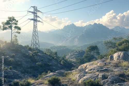 High voltage power lines crossing a mountainous terrain.