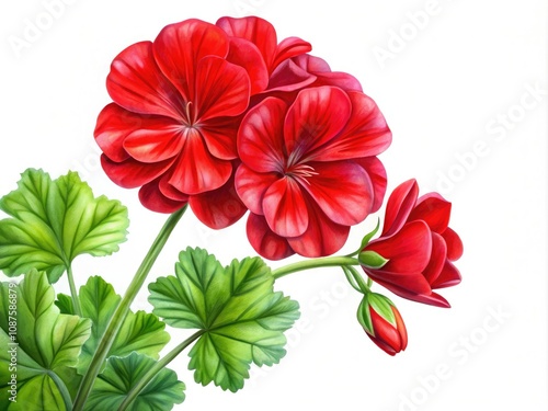 Hand-Drawn Red Geranium Clipart with Vibrant Petals on White Background for Floral Design Projects