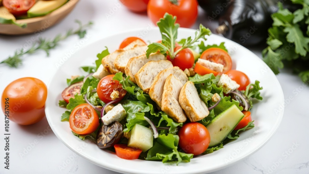 Fresh Chicken Salad with Tomatoes, Avocado, and Greens - Perfect for Healthy Meals and Diet Plans Fresh Chicken Salad with Tomatoes, Avocado, and Greens - Perfect for Healthy Meals and Diet Plans