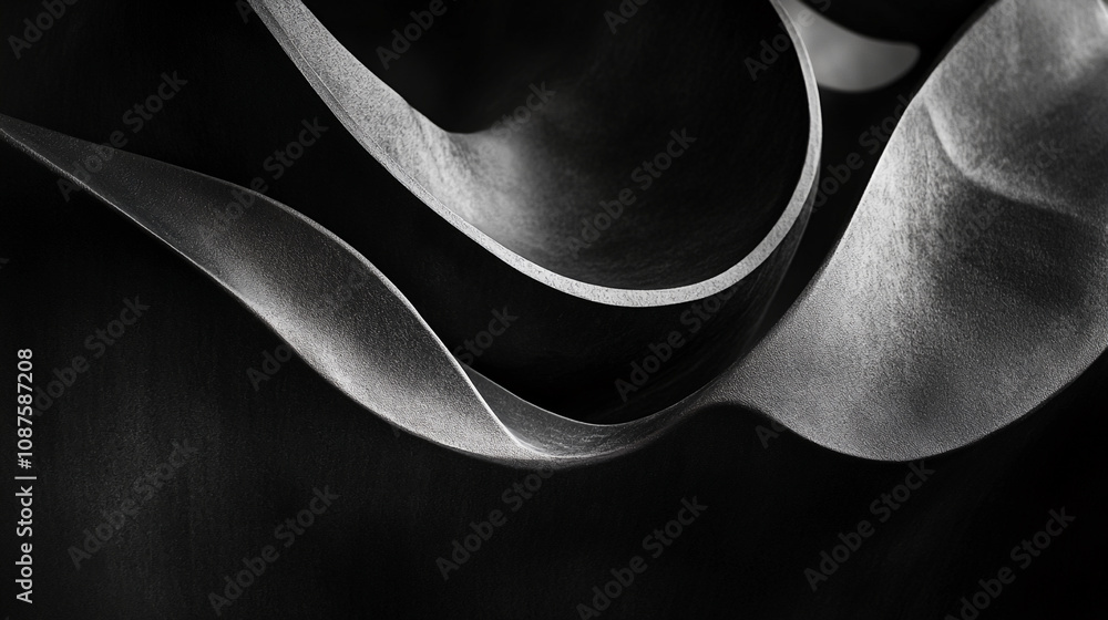 Soft, dark gray forms curve and flow against a stark black backdrop Soft, dark gray forms curve and flow against a stark black backdrop
