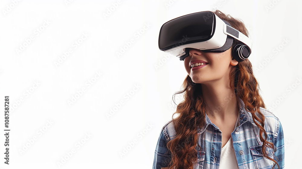 Young girl experiencing virtual reality with a cheerful expression, wearing a modern VR headset, combining technology and joy in a bright, minimalist setting. Young girl experiencing virtual reality with a cheerful expression, wearing a modern VR headset, combining technology and joy in a bright, minimalist setting.