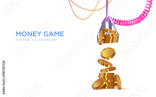 3d claw machine, crane machine slot machine. Gripper arm lifts coins from stack. Winning money. Gold coins. Vector illustration