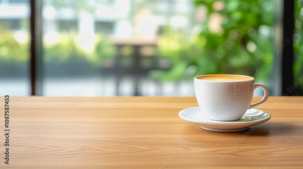 Freshly Brewed Coffee in a Stylish White Cup on a Wooden Table with a Soft Focused Background of Greenery and Natural Light for Cozy Atmosphere Freshly Brewed Coffee in a Stylish White Cup on a Wooden Table with a Soft Focused Background of Greenery and Natural Light for Cozy Atmosphere