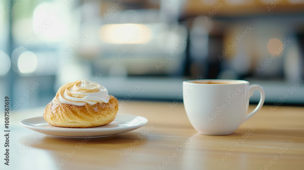 Freshly Baked Pastry with Whipped Cream Served Next to a Hot Beverage on a Wooden Table in a Cozy Café Environment Freshly Baked Pastry with Whipped Cream Served Next to a Hot Beverage on a Wooden Table in a Cozy Café Environment