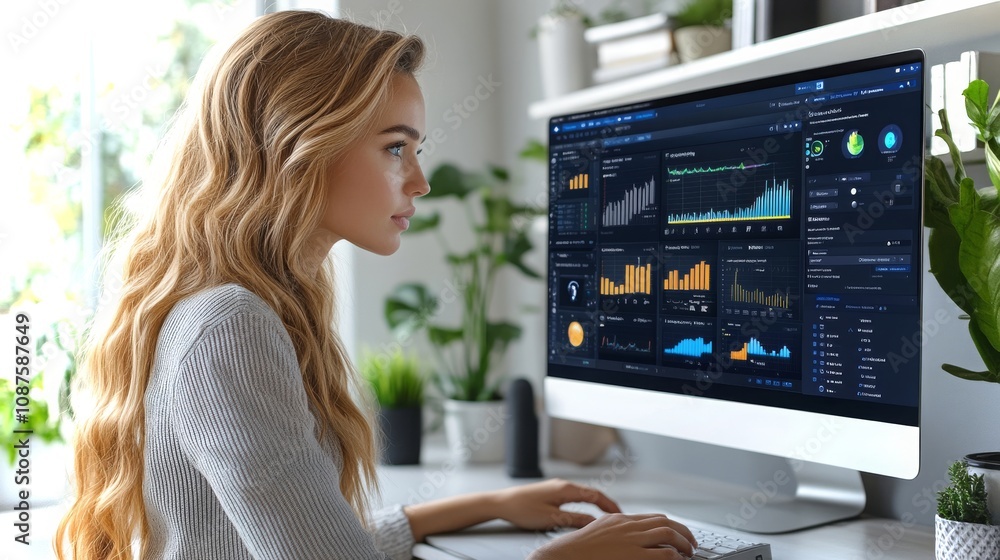 A woman uses remote monitoring software to analyze data in her home office during the day A woman uses remote monitoring software to analyze data in her home office during the day