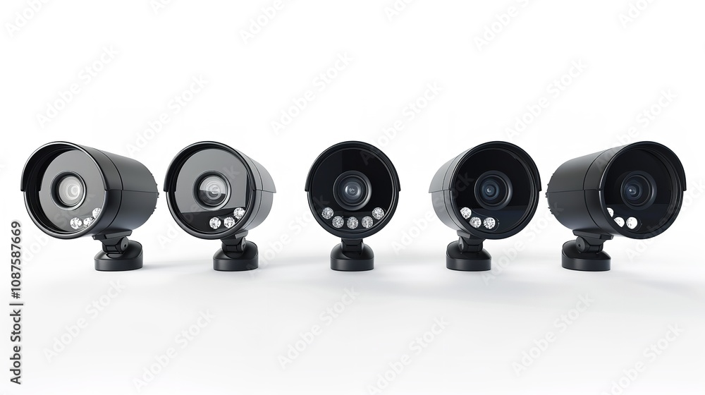 A pair of security CCTV cameras in black with a white backdrop, Generative Ai.