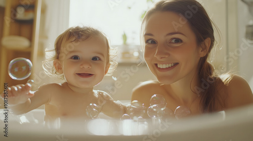 Child and mom playing with Soap bubble in a bathroom in a safe area in the home, happy