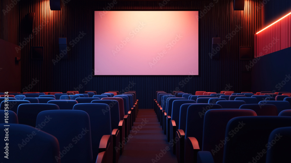 Fototapeta premium Modern cinema hall interior with rows of empty blue and red seats facing a large blank screen, illuminated by ambient wall lights.