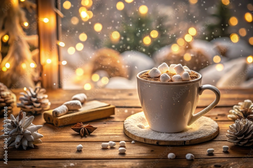 Hot Chocolate with Marshmallows in Cozy Winter Setting for Warmth and Comfort Hot Chocolate with Marshmallows in Cozy Winter Setting for Warmth and Comfort
