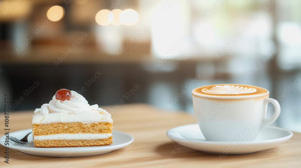Delicious slice of cake with whipped cream and cherry beside a cup of creamy coffee with latte art on a wooden table in a cozy cafe atmosphere Delicious slice of cake with whipped cream and cherry beside a cup of creamy coffee with latte art on a wooden table in a cozy cafe atmosphere
