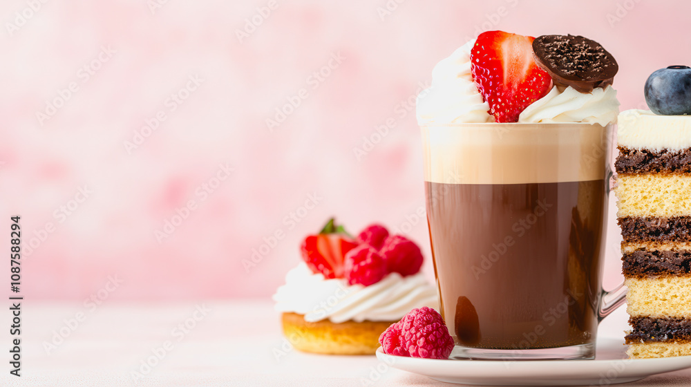 Delicious mocha coffee cup topped with whipped cream, fresh strawberries, blueberries, and chocolate biscuit, accompanied by a slice of layered cake on a pastel background Delicious mocha coffee cup topped with whipped cream, fresh strawberries, blueberries, and chocolate biscuit, accompanied by a slice of layered cake on a pastel background