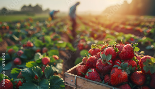 Crate full of freshly picked red strawberries standing at farm field, farmers picking berries on background