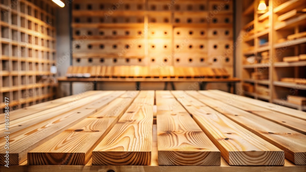 Fototapeta premium Wooden Table with a Blurred Background of Wooden Shelves and a Wall of Wooden Squares