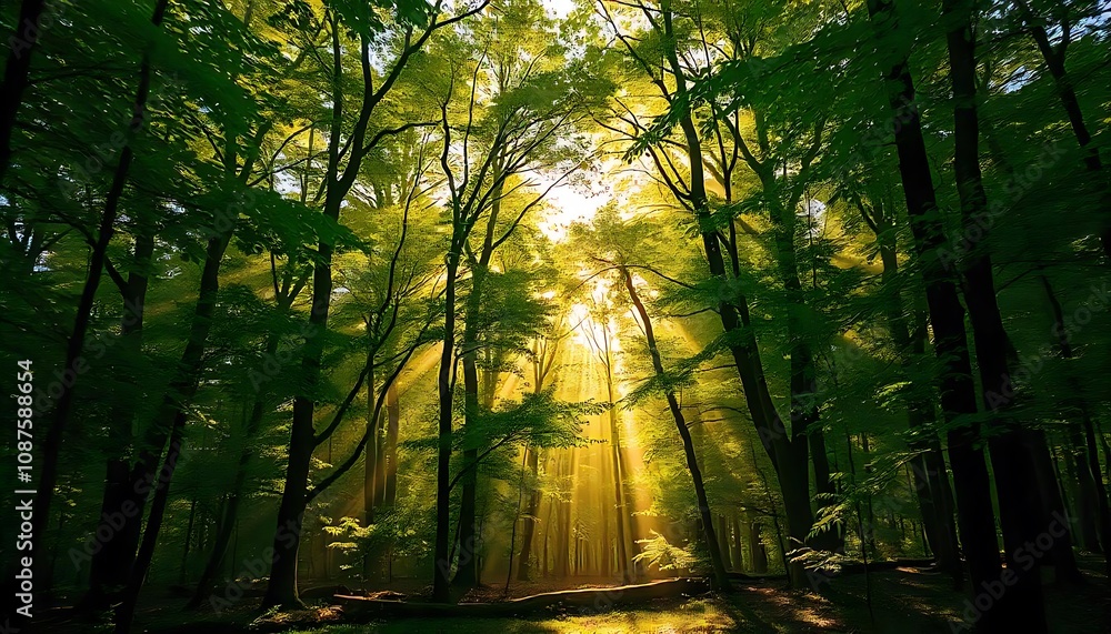 Fototapeta premium Lush forest with vibrant green trees, sunlight streaming through the canopy, and dappled light on the forest floor