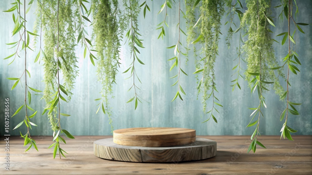 A Natural Wooden Platform for Product Display with Lush Greenery Hanging Overhead A Natural Wooden Platform for Product Display with Lush Greenery Hanging Overhead