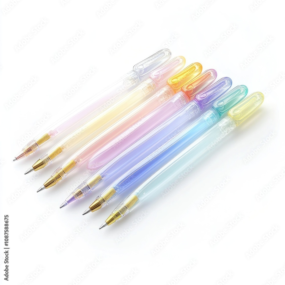 A collection of colorful gel pens arranged in a row for writing and artistic purposes. A collection of colorful gel pens arranged in a row for writing and artistic purposes.