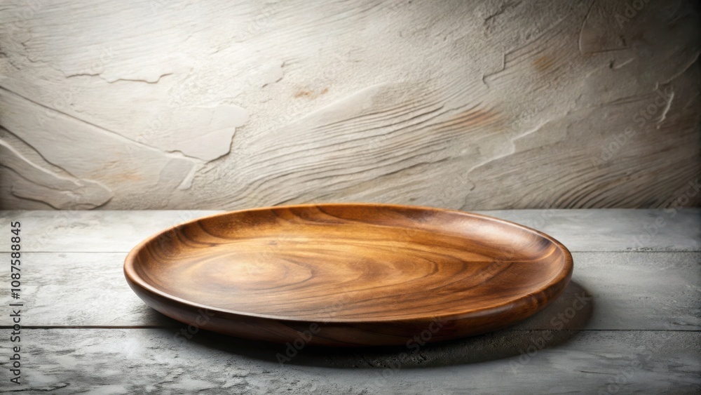 A rustic wooden platter sits on a weathered table, ready to be filled with delectable delights. A rustic wooden platter sits on a weathered table, ready to be filled with delectable delights.