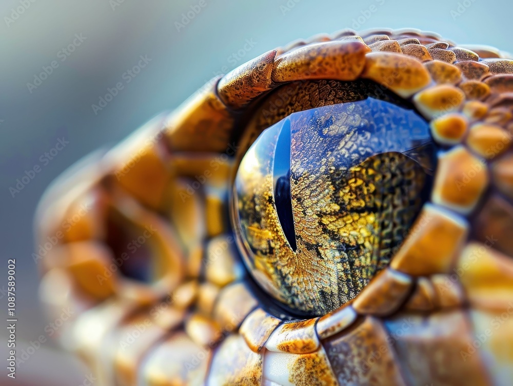 Fototapeta premium A close-up of a reptile's eye, showcasing intricate patterns and vibrant colors, reflecting a stunning view in its pupil.