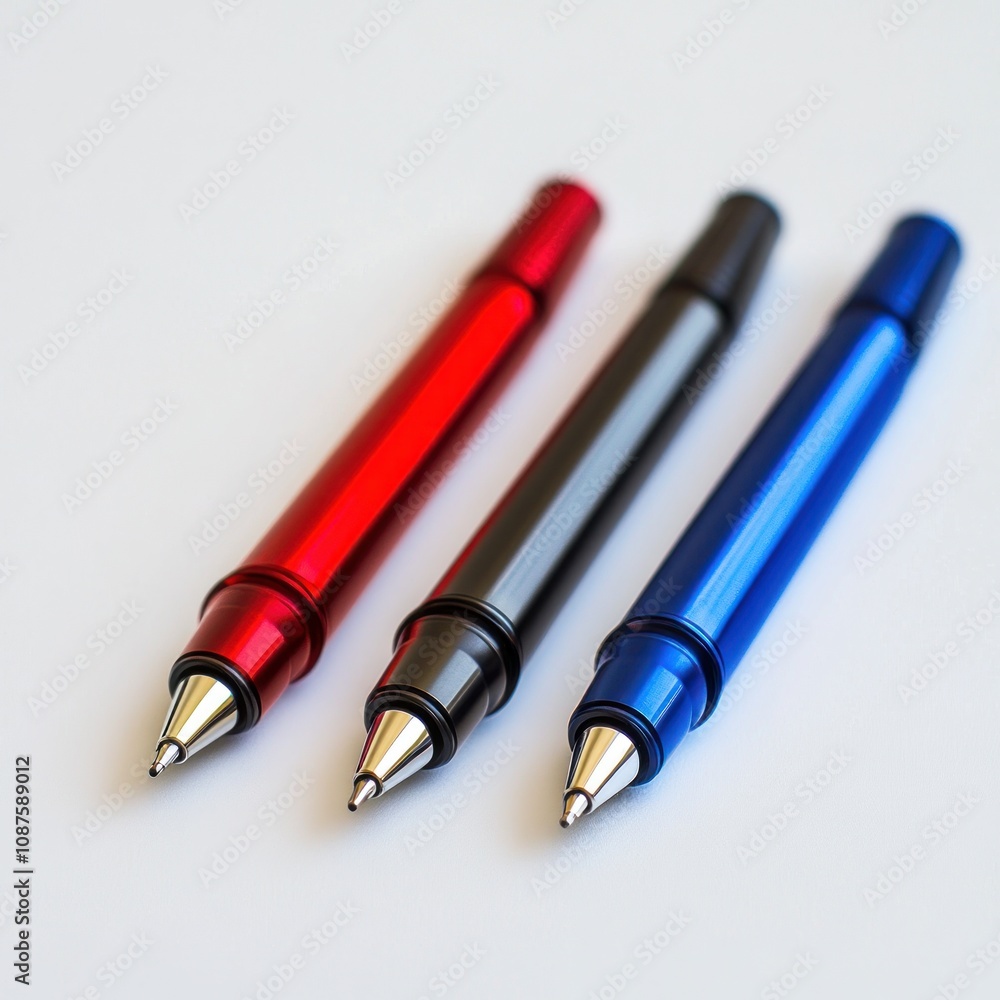 Three colorful pens arranged in a row on a plain background. Three colorful pens arranged in a row on a plain background.