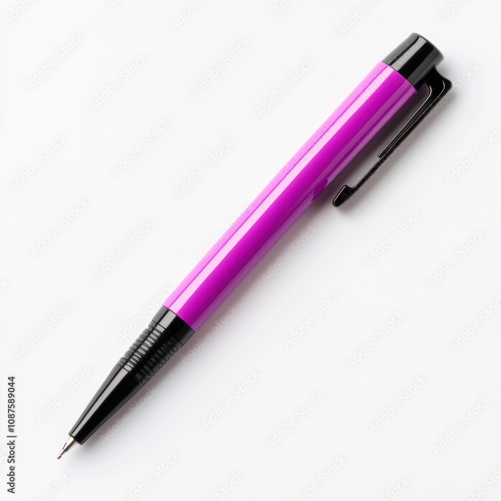 A vibrant purple pen with a black tip and clip, ideal for writing or drawing. A vibrant purple pen with a black tip and clip, ideal for writing or drawing.