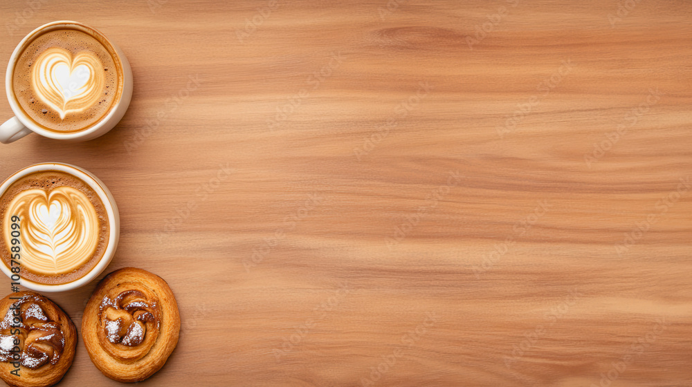 Fototapeta premium Warm and Inviting Coffee and Pastry Scene with Heart-Shaped Latte Art on a Wooden Table Surface, Perfect for Cozy Cafes and Relaxation Moments