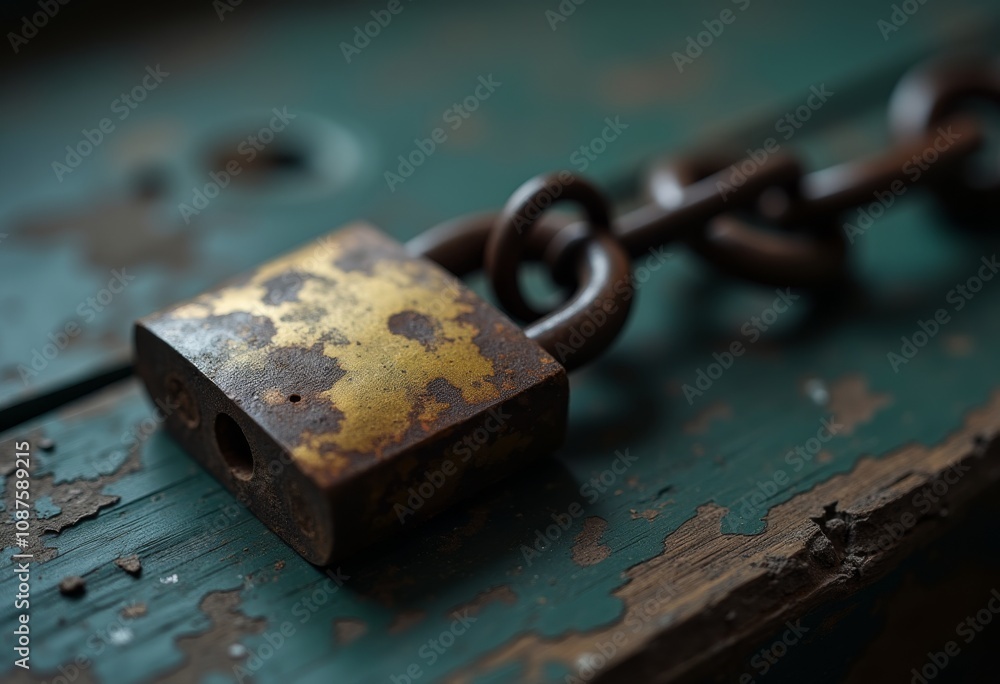 A close-up view of an aged padlock and rusty chain resting on a wooden surface with peeling paint showcasing wear over time