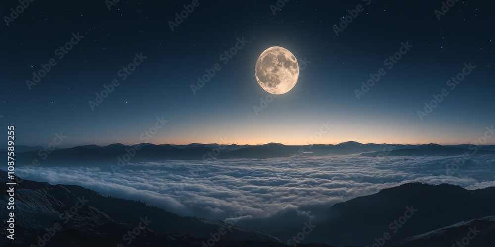 Wide angle view of a full moon illuminating the night sky, creating a serene atmosphere with its captivating glow, perfect for showcasing the beauty of the night sky and the full moon. Wide angle view of a full moon illuminating the night sky, creating a serene atmosphere with its captivating glow, perfect for showcasing the beauty of the night sky and the full moon.