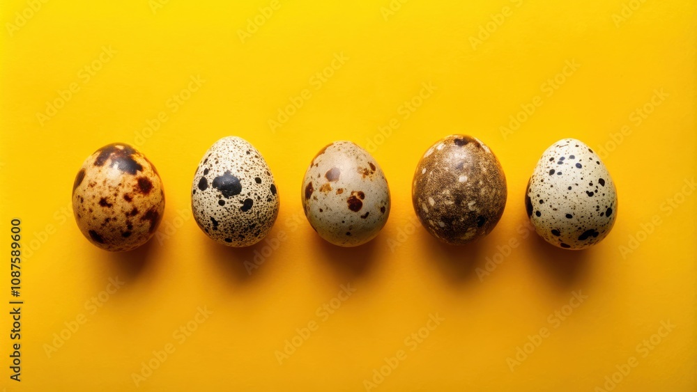 Five speckled brown quail eggs lined up on a bright yellow background Five speckled brown quail eggs lined up on a bright yellow background