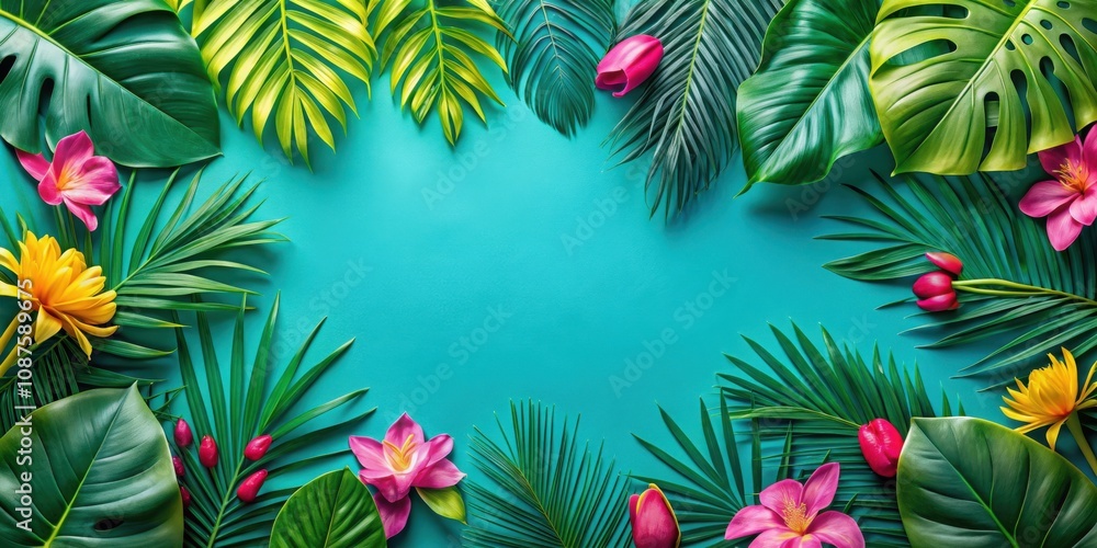 A tropical floral arrangement with vibrant pink and yellow blossoms amidst lush green foliage on a turquoise backdrop A tropical floral arrangement with vibrant pink and yellow blossoms amidst lush green foliage on a turquoise backdrop