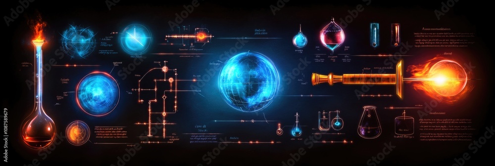 Obraz premium Futuristic glowing chemistry diagrams with scientific equipment and formulas