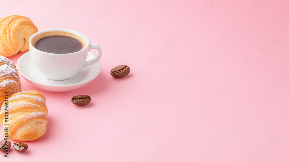 Freshly Brewed Coffee with Croissants and Coffee Beans on a Soft Pink Background for Morning Delight and Gourmet Food Presentation Freshly Brewed Coffee with Croissants and Coffee Beans on a Soft Pink Background for Morning Delight and Gourmet Food Presentation