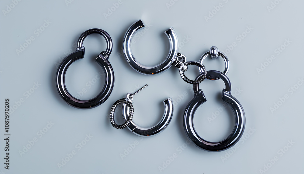 Stylish captive bead and horseshoe rings on light grey background, flat lay. Piercing jewelry Stylish captive bead and horseshoe rings on light grey background, flat lay. Piercing jewelry