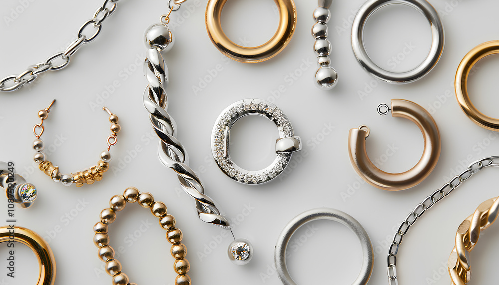 Stylish captive bead and horseshoe rings on light grey background, flat lay. Piercing jewelry Stylish captive bead and horseshoe rings on light grey background, flat lay. Piercing jewelry