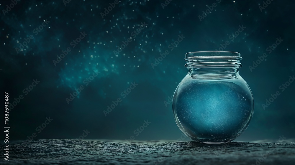 Fantastic vessel with blue energy on rocky surface against starry sky for creativity and inspiration Fantastic vessel with blue energy on rocky surface against starry sky for creativity and inspiration
