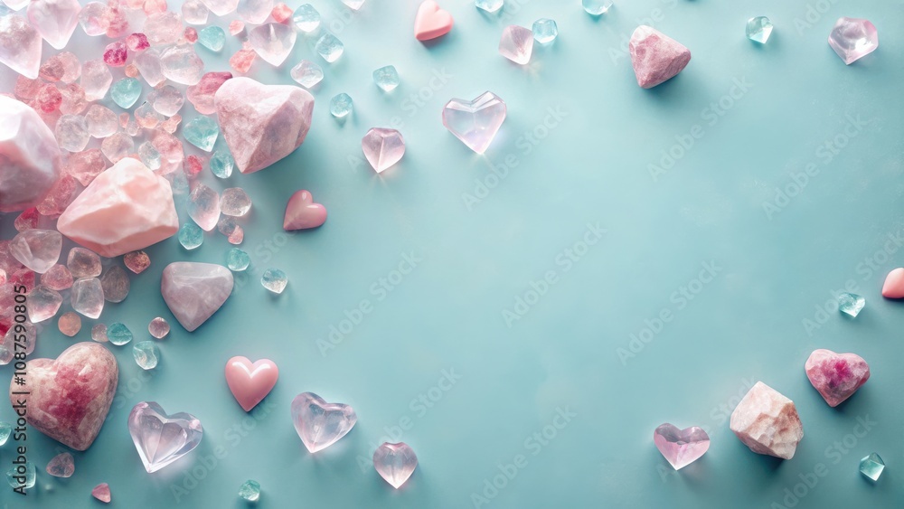 Pink And Clear Crystal Hearts And Pebbles On Blue Background Pink And Clear Crystal Hearts And Pebbles On Blue Background