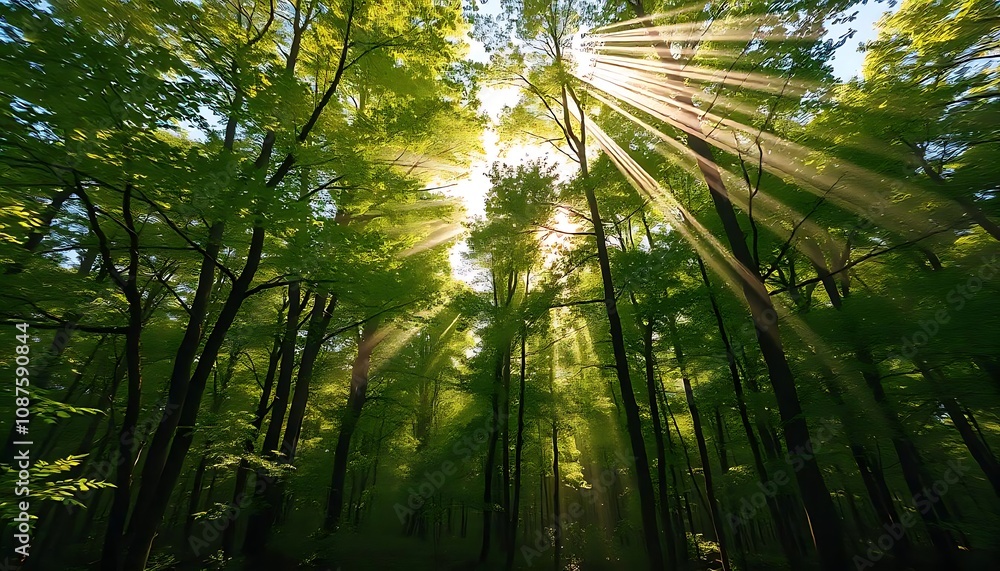 Lush forest with vibrant green trees, sunlight streaming through the canopy, and dappled light on the forest floor Lush forest with vibrant green trees, sunlight streaming through the canopy, and dappled light on the forest floor