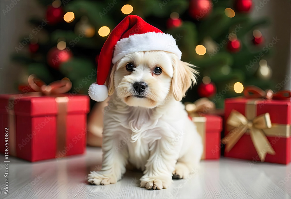 Cute puppy in a red Santa Claus hat on New Year's Eve Cute puppy in a red Santa Claus hat on New Year's Eve
