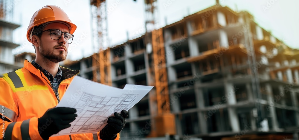 Focused male construction worker analyzing blueprints on site, wearing safety gear. Focused male construction worker analyzing blueprints on site, wearing safety gear.
