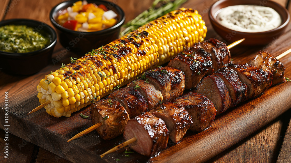 Rustic wooden board with grilled corn-on-the-cob, skewers of meat and vegetables, and bowls of seasoning and dipping sauces. Focused on food textures and vibrant summer BBQ presentation. Rustic wooden board with grilled corn-on-the-cob, skewers of meat and vegetables, and bowls of seasoning and dipping sauces. Focused on food textures and vibrant summer BBQ presentation.