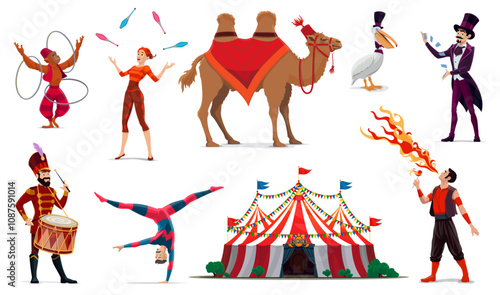 Cartoon circus characters of carnival artists, animals and top tent. Vector magician, acrobat and juggler, fire breather and drummer personages, monkey, camel and pelican performers of circus show