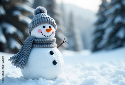 Funny snowman in grey knitted hat and scarf in the snow. New Year concept