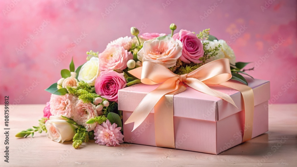 A Delicate Pink Gift Box Adorned with a Lush Bouquet of Pink and White Flowers A Delicate Pink Gift Box Adorned with a Lush Bouquet of Pink and White Flowers