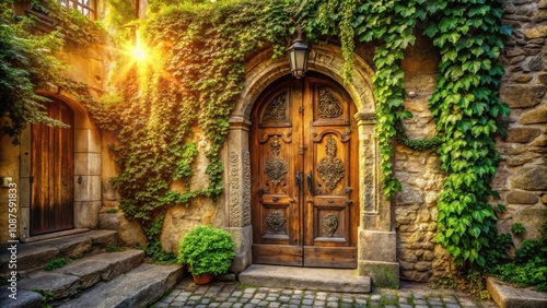 A stone archway with a grand wooden door, adorned with intricate carvings, is framed by lush green ivy and bathed in warm sunlight.