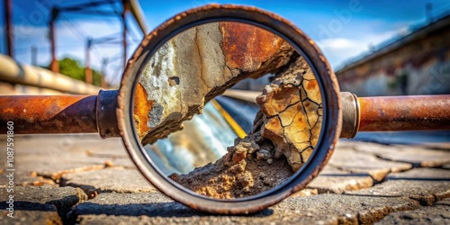 A rusty pipe and a broken, cracked, and weathered surface viewed through a magnifying glass